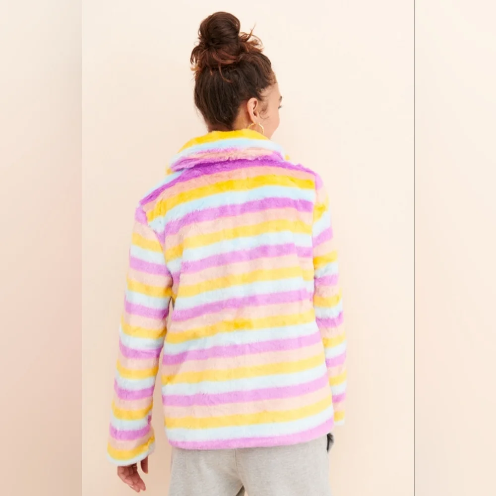 Daisy Street Rainbow stripe faux fur jacket NWT